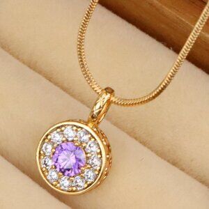 "Round Purple Crystal Pendant in Rose Gold with Halo, XPPT1590